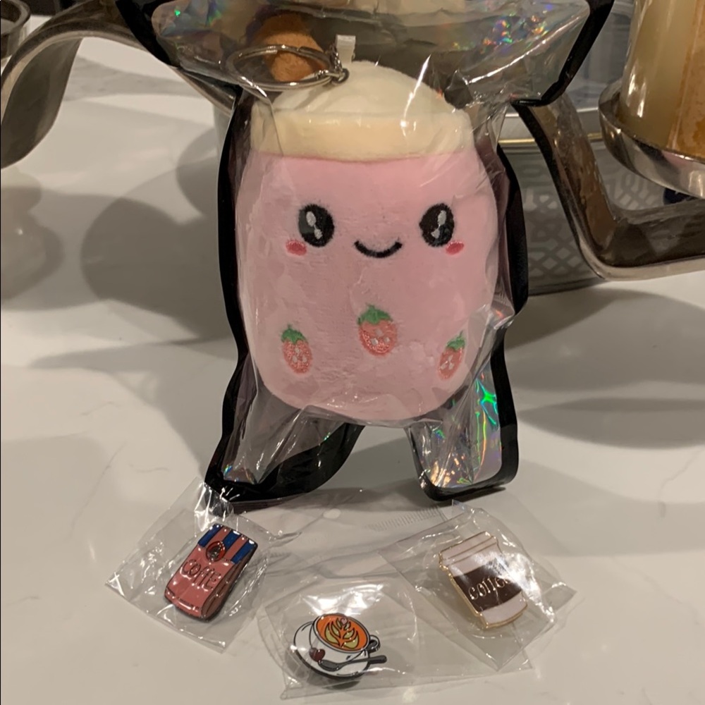Strawberry Milk tea Plush Toy key chain and three coffee ☕️pins